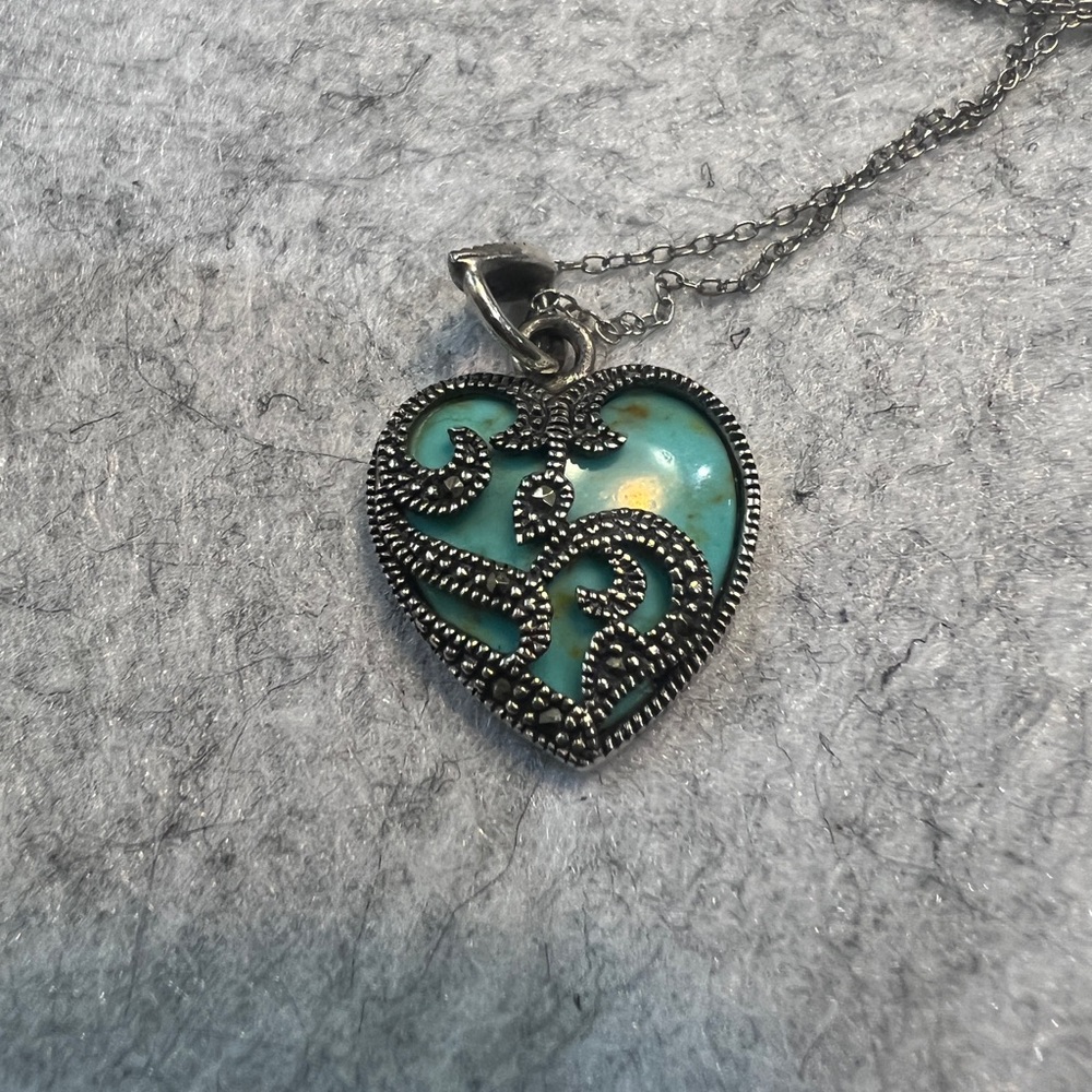 Turquoise Simulated Sterling Silver marquasite Heart Pendant Necklace.